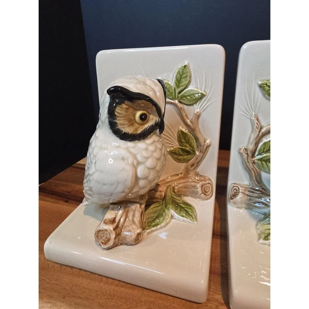 Vintage Owl Log Branch Leaf Bookends Otagiri OMC Japan EUC